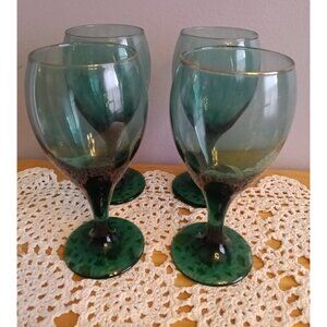 Vintage  Green Goblet Set Of 4  Libbey Teardrop Gold Rim Glasses Water Tea